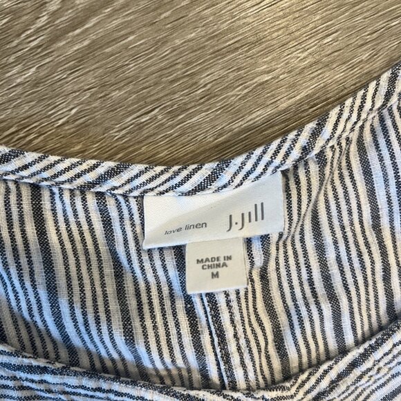 J. Jill Love Linen Gray Blue White Striped 100% Linen Shift Dress Medium - Picture 2 of 3